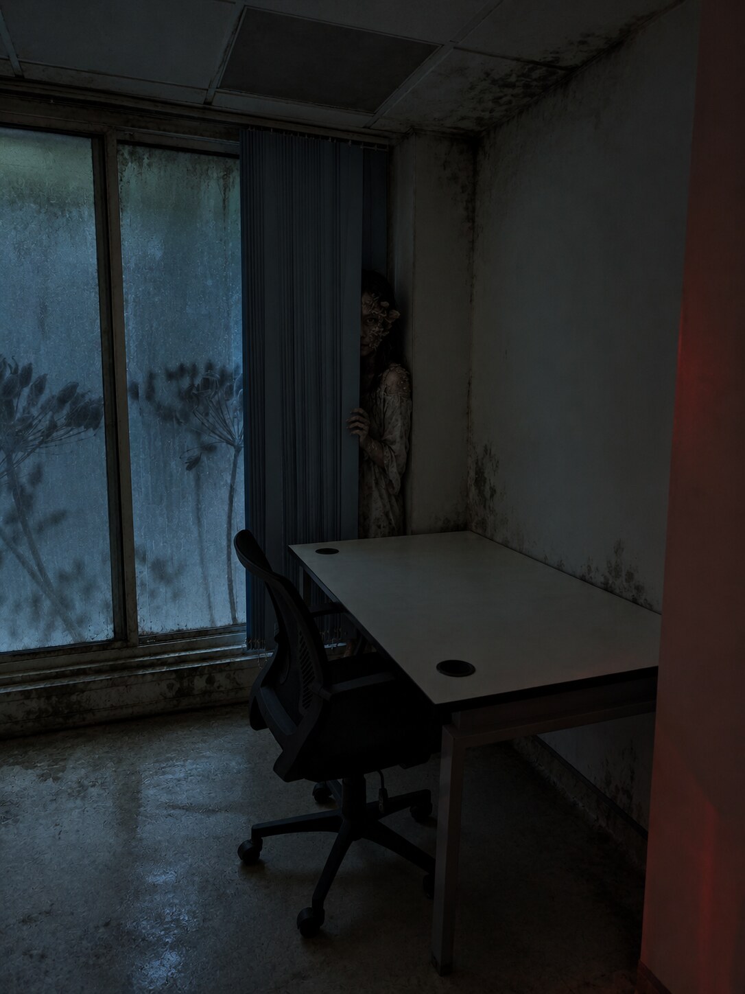 A quarantine office — something waits behind the blinds.